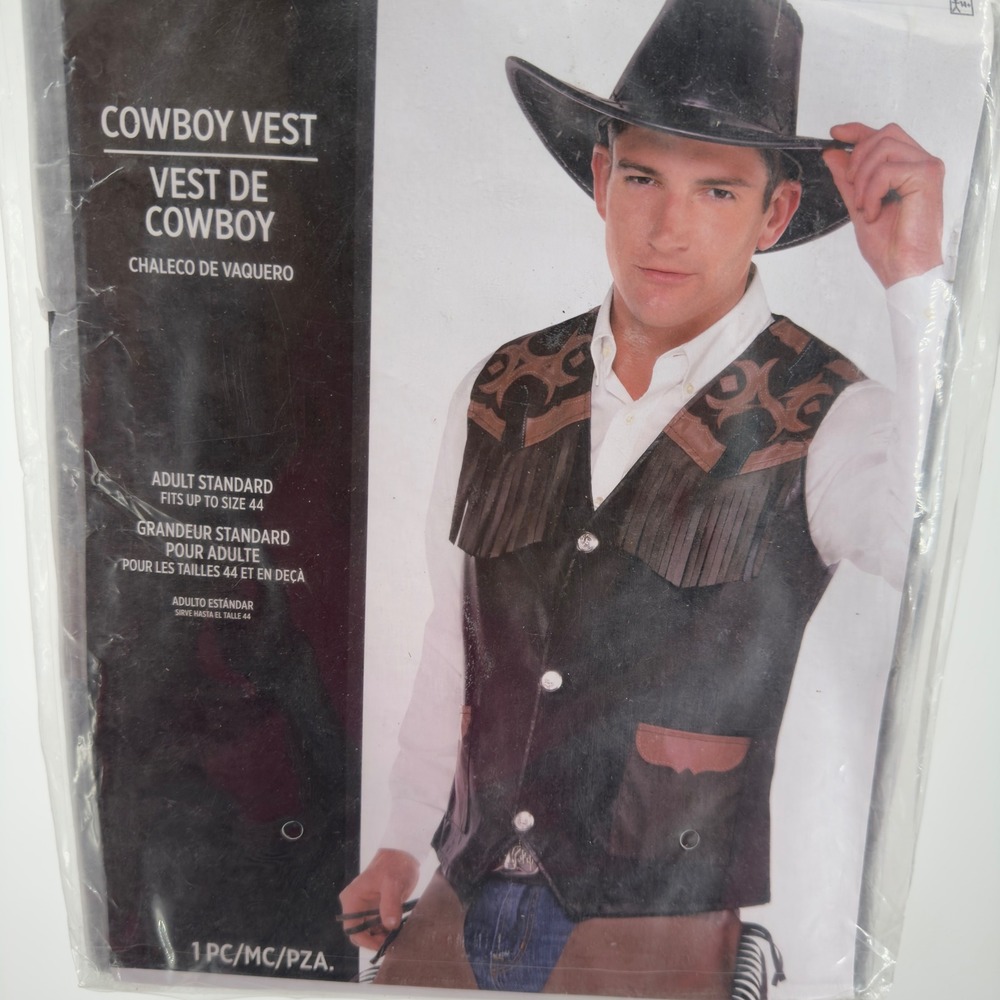 Suit Yourself Adult Cowboy Vest Costume Faux Leather Fringe Brown Black Size 44
